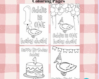 One Lucky Duck Coloring Pages, Printable, Customizable, Party Favors, Duck Themed Party, Coloring Sheets, Birthday Party Ideas, Farm Theme
