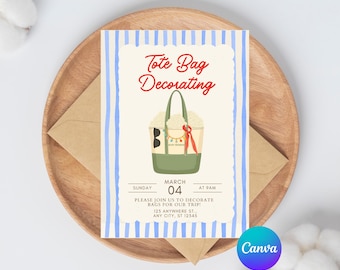Tote Bag Decorating Party Invitation Template, Preppy Bachelorette Invite, Coastal Striped Craft Party Invite, Canva Editable Download