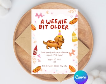 Weenie Bit Older Party Invitation Template, Hotdog Party Invite, Hot Dog Dachshund Party Invite, Puppy Party Invite Printable, Download