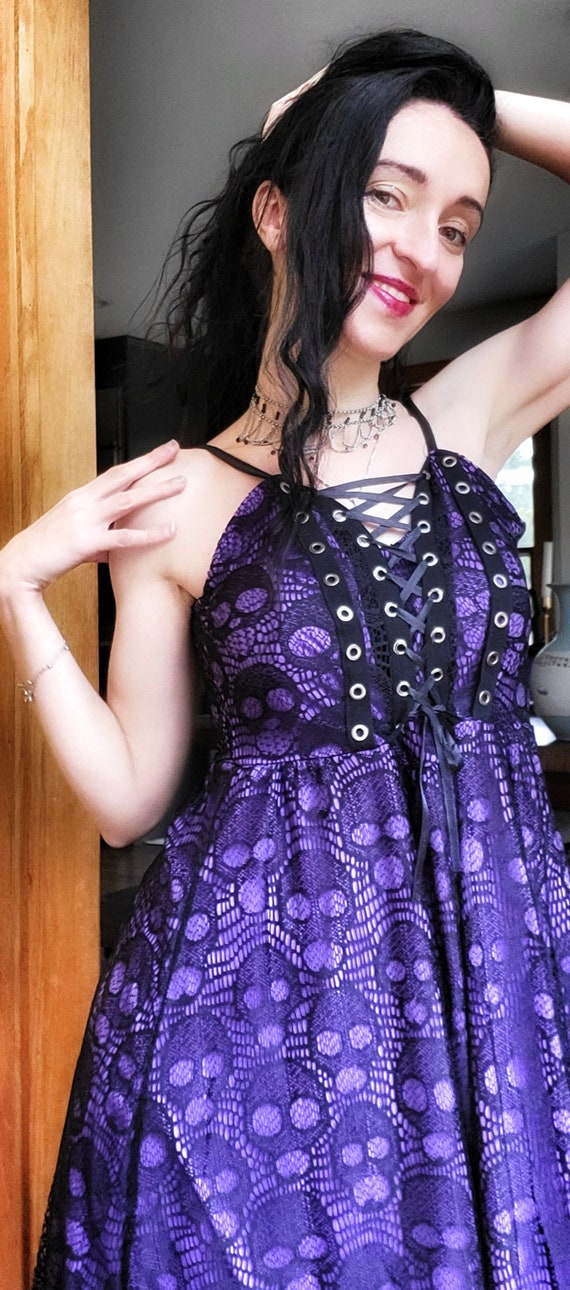 Purple Halloween Dress with Skull Print Black Lace
