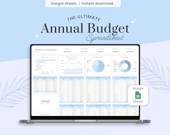May include: A laptop computer displaying a Google Sheets spreadsheet with a blue and white color scheme. The spreadsheet is titled "Annual Budget" and includes charts and tables for tracking income and expenses. The text "Google Sheets" is displayed in a green box on the right side of the screen.