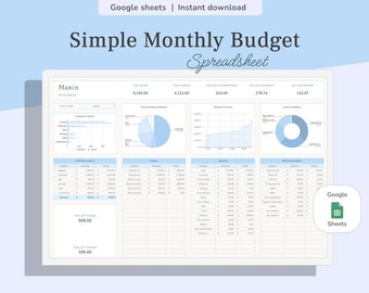 Hoja de cálculo de presupuesto mensual simple, plantilla de Google Sheets, presupuesto de cheque de pago, planificador financiero, seguimiento de gastos, calendario de facturas, gastos
