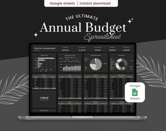 May include: A laptop computer displaying a Google Sheets spreadsheet with a dark background and white text. The spreadsheet is titled "Annual Budget Spreadsheet" and includes a dashboard with charts and tables. The dashboard shows various financial data, including income, expenses, and savings.