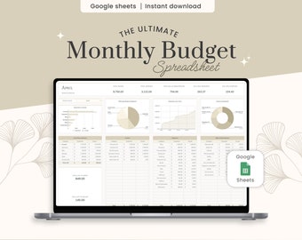 May include: A laptop screen displaying a Google Sheets spreadsheet with a monthly budget template. The spreadsheet is titled "The Ultimate Monthly Budget Spreadsheet" and is for the month of April. The spreadsheet includes charts and graphs to track income and expenses.
