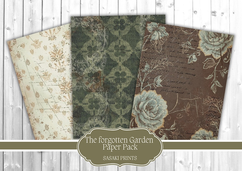 May include: Three sheets of decorative paper with vintage floral and patterned designs. The papers feature a cream, green, and brown color palette with distressed textures. The text "The forgotten Garden Paper Pack" and "SASAKI PRINTS" are visible.