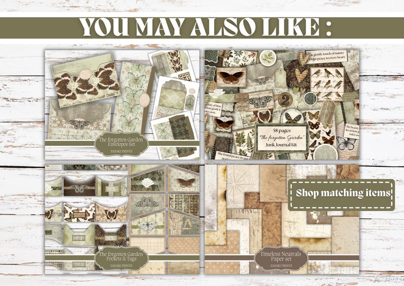 May include: A collage of vintage-style paper and ephemera, including envelopes, tags, and journal kit elements. The designs feature butterflies, botanical illustrations, and aged textures. The text reads "YOU MAY ALSO LIKE" and "Shop matching items".