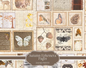 以下が含まれることがあります： 蝶、ドングリ、クマ、鹿、紅葉の水彩イラストが描かれた、ヴィンテージスタイルの秋のエフェメラページコレクションです。ページは手書きのスクリプトで、使い古されたような外観で、「Autumn Ephemera Pages」と表示されています。
