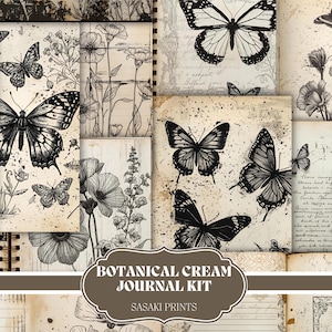 以下が含まれることがあります： 蝶や花のイラストが描かれた、植物をテーマにしたジャーナルページのコレクション。クリーム色とセピア色のカラーパレットで、ヴィンテージ感のあるデザインです。「Botanical Cream Journal Kit」と「Sasaki Prints」の文字が見えます。