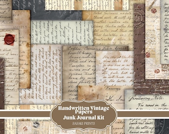 Könnte beinhalten: Eine Collage aus handgeschriebenen Vintage-Papieren mit gealterten Texturen und verblasster Tinte. Die Papiere weisen Schreibschrift, Wachssiegel und Stempel auf. Das Set enthält ein Banner mit der Aufschrift "Handwritten Vintage Papers Junk Journal Kit".