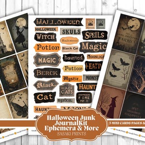 May include: A collection of Halloween-themed ephemera, including mini cards, word pages, and decorative labels. The designs feature vintage illustrations of witches, bats, and haunted houses, with text like "Halloween," "Potion," and "Magic."