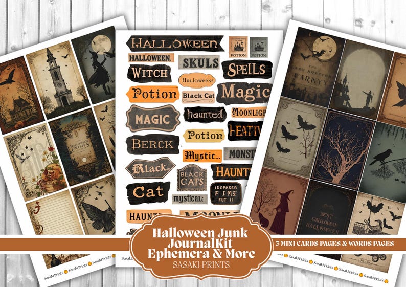 May include: A collection of Halloween-themed ephemera, including mini cards, word pages, and decorative labels. The designs feature vintage illustrations of witches, bats, and haunted houses, with text like "Halloween," "Potion," and "Magic."