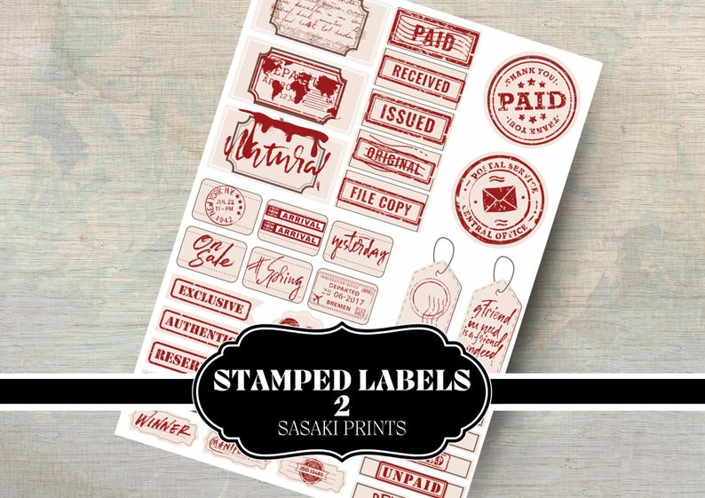 Stamped Labels II – Black, White, Kraft, Red Printable Labels for Junk ...