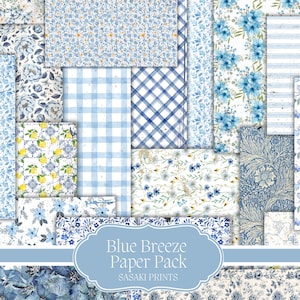 Blue Breeze Paper Pack – digitale lentebloemen papier, blauwe patroonachtergronden, afdrukbaar plakboek Pasen