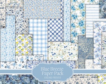 Blue Breeze Paper Pack – Spring Floral Digital Papers, Blue Pattern Backgrounds, Printable Scrapbook Paper Easter