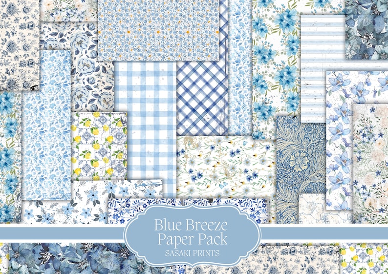 Spring Patterned Background Paper Blue Breeze Paper Pack – Spring Floral Digital Papers, Blue Pattern ...