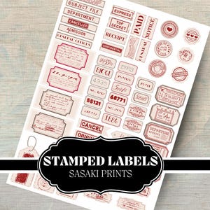 Stamped labels for junk journaling, scrapbooking, and vintage crafts. Printable mini tags in black, white, kraft, and red. Perfect for DIY projects, planners, and mixed media art. Instant download.