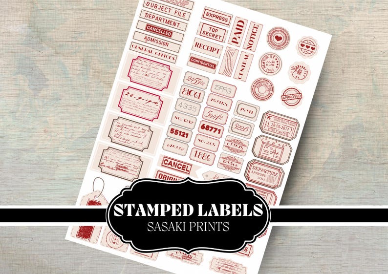 Stamped labels for junk journaling, scrapbooking, and vintage crafts. Printable mini tags in black, white, kraft, and red. Perfect for DIY projects, planners, and mixed media art. Instant download.