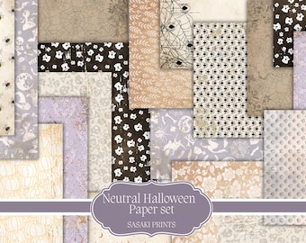 May include: A collection of neutral-toned Halloween-themed paper sheets. The designs include spiders, cobwebs, skulls, ghosts, and floral patterns. The color palette consists of beige, gray, brown, and black. The text "Neutral Halloween Paper set" is visible.