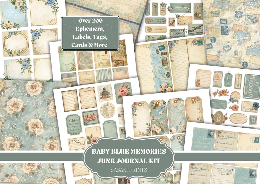 Baby Blue Junk Journal Kit Printable Vintage Ephemera Pack, Shabby ...