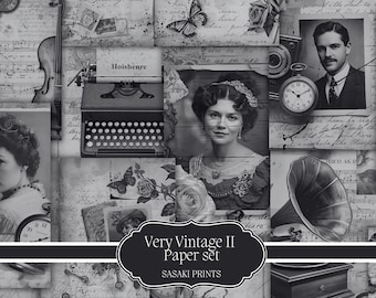 May include: Black and white collage featuring vintage elements. Includes portraits, a typewriter, a gramophone, sheet music, butterflies, and roses. The text "Very Vintage II Paper set" is displayed in a decorative frame, with "SASAKI PRINTS" below.