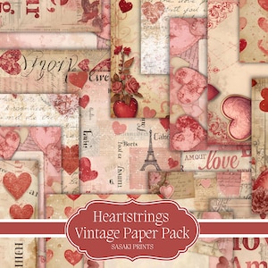 Puede incluir: Un collage de papel vintage con temática de San Valentín. El diseño presenta corazones, rosas y texto manuscrito en tonos rojos y beige. El texto "Heartstrings Vintage Paper Pack" es visible.