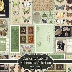Op de afbeelding: Een collage van vintage ephemera met vlinders, postzegels en ansichtkaarten in tinten groen, bruin en beige. De tekst "Curiosity Cabinet Ephemera Collection" wordt weergegeven. Het algemene thema is een vintage esthetiek.
