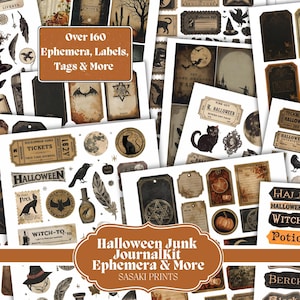 May include: A selection of Halloween-themed ephemera, labels, and tags. The image showcases diverse designs, such as bats, cats, moons, and witch hats. Text includes "Over 160 Ephemera, Labels, Tags & More" and "Halloween Junk Journal Kit Ephemera & More".