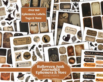 May include: A collection of Halloween-themed ephemera, labels, and tags. The image features various designs, including bats, cats, moons, and witch hats. Text includes "Over 160 Ephemera, Labels, Tags & More" and "Halloween Junk Journal Kit Ephemera & More".