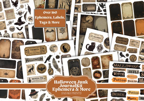 Halloween Junk Journal Kit – Vintage Ephemera, Tags & Labels for Scrapbooking, DIY, Collage, Halloween Crafts