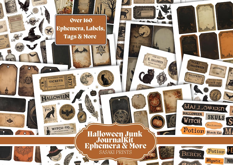 May include: A collection of Halloween-themed ephemera, labels, and tags. The image features various designs, including bats, cats, moons, and witch hats. Text includes "Over 160 Ephemera, Labels, Tags & More" and "Halloween Junk Journal Kit Ephemera & More".