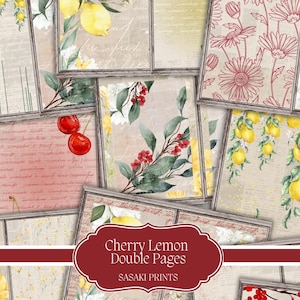 Kit de journal indésirable cerise citron - double pages, papier de scrapbooking vintage fruits, paquet numérique éphémère pour les travaux manuels d&#39;été
