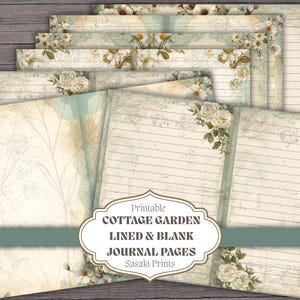 Könnte beinhalten: Eine Sammlung druckbarer Cottage Garden-Journalseiten. Die Seiten haben eine Vintage-Ästhetik mit floralen Akzenten, linierten und leeren Optionen und einer sanften Farbpalette aus Creme, Blau und Beige. Die Seiten sind mit zarten weißen Rosen verziert.