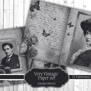 May include: A very vintage paper set with 12 patterned pages. The set features antique-style images of a man, a woman, butterflies, roses, and a pocket watch. The paper has a distressed, aged look with handwritten script.