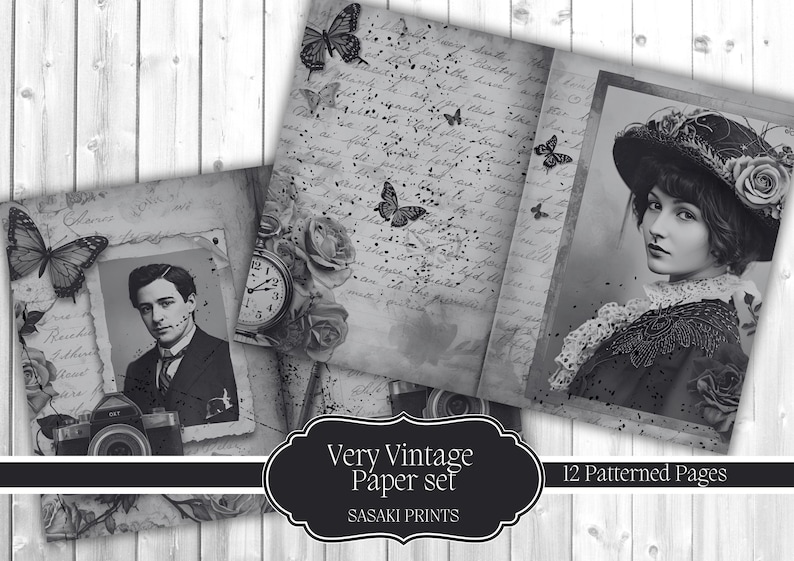May include: A very vintage paper set with 12 patterned pages. The set features antique-style images of a man, a woman, butterflies, roses, and a pocket watch. The paper has a distressed, aged look with handwritten script.