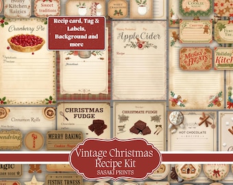 Vintage Christmas Recipe Kit Printable – Festive Junk Journal Ephemera, Recipe Cards, Tags & Labels | Vintage Holiday Scrapbooking, DIY