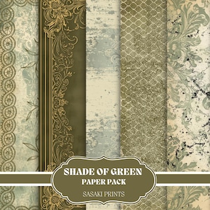 Paquete de papel en tonos verdes: 15 páginas vintage para diario, scrapbooking, papel digital y kit de efímeras DIY.