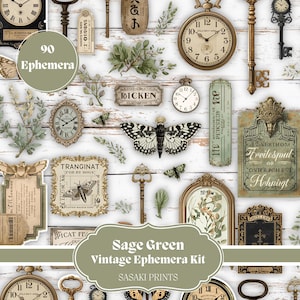 May include: A collection of vintage ephemera in sage green tones, including clocks, keys, butterflies, and botanical elements. The image features various paper ephemera pieces with text and decorative frames, perfect for scrapbooking and crafting projects.
