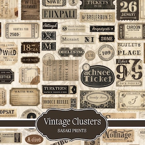 Può includere: Un collage di oggetti effimeri vintage, tra cui biglietti, etichette e timbri in tonalità seppia. I disegni presentano trame di carta invecchiata, vari caratteri e elementi decorativi. Il testo include frasi come "Vintage Clusters" e "Sasaki Prints".
