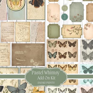 May include: A collection of vintage-style scrapbook paper and ephemera with butterfly and floral designs. The set includes tags, journal pages, and decorative elements in pastel colors. The text "Pastel Whimsy Add On Kit" is visible.