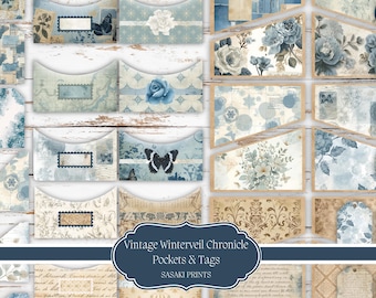 Vintage Winterveil Chronicle Junk Journal Kit – Pockets & Tags Printable Ephemera | Floral Vintage Scrapbooking, Collage, DIY Crafts