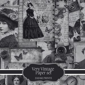 May include: A grayscale collage featuring vintage photographs, cameras, butterflies, roses, and handwritten script. The words "Very Vintage Paper set" and "SASAKI PRINTS" are displayed on a decorative label. The overall theme is antique and nostalgic.