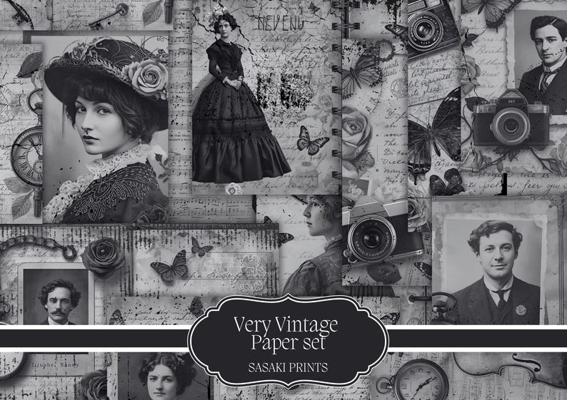 May include: A grayscale collage featuring vintage photographs, cameras, butterflies, roses, and handwritten script. The words "Very Vintage Paper set" and "SASAKI PRINTS" are displayed on a decorative label. The overall theme is antique and nostalgic.