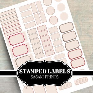 Stamped labels for junk journaling, scrapbooking, and vintage crafts. Printable mini tags in black, white, kraft, and red. Perfect for DIY projects, planners, and mixed media art. Instant download.