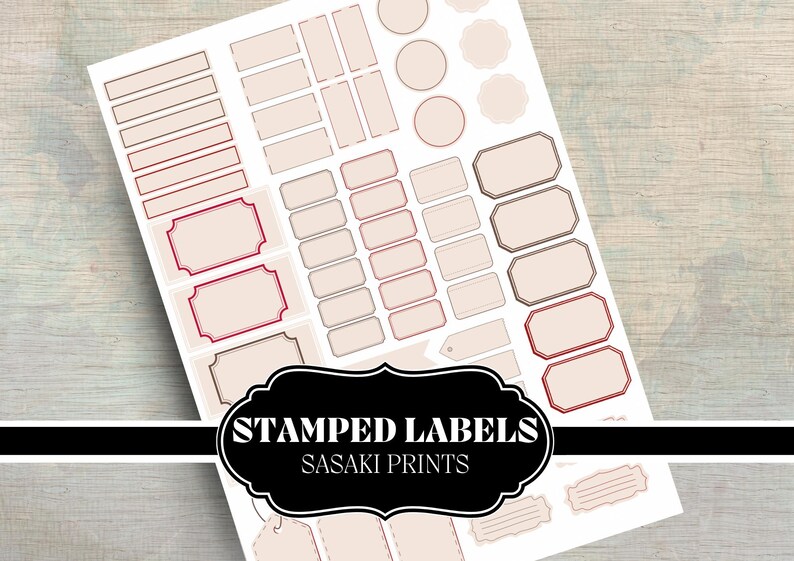 Stamped labels for junk journaling, scrapbooking, and vintage crafts. Printable mini tags in black, white, kraft, and red. Perfect for DIY projects, planners, and mixed media art. Instant download.