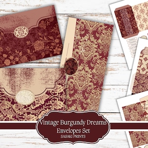 May include: A set of vintage burgundy envelopes and stationery with floral and damask patterns. The envelopes have a distressed look with a beige background and burgundy floral designs. The set includes various envelope sizes and coordinating stationery sheets.