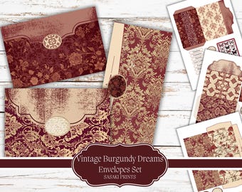 Vintage Burgundy Dreams Envelope Set – Printable Vintage Envelopes for Junk Journals, Scrapbooking, Collage, Card Making & DIY Crafts