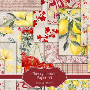 Paquet de papier imprimable cerise citron - kit de journal indésirable, papiers de scrapbooking, pages de journal numérique, feuilles de travaux manuels rouges et jaunes vintage PDF