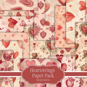 Puede incluir: Una colección de hojas de papel estampadas con temática de San Valentín. Los diseños presentan varios corazones rojos, elementos florales e ilustraciones de estilo vintage. El texto "Heartstrings Paper Pack" se muestra en una pancarta roja.