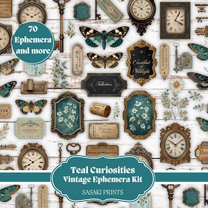 Peut inclure: Un ensemble d'éléments d'éphémères vintage, comprenant des horloges, des clés, des papillons et des étiquettes. Les couleurs dominantes sont le teal, l'or et le marron, avec les textes "70 Ephemera and more" et "Teal Curiosities Vintage Ephemera Kit".