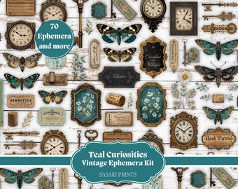 Vintage Ephemera Kit – Teal Curiosities | Teal Junk Journal Printables, Antique Butterflies & Keys, Scrapbooking Ephemera, DIY Collage Kit
